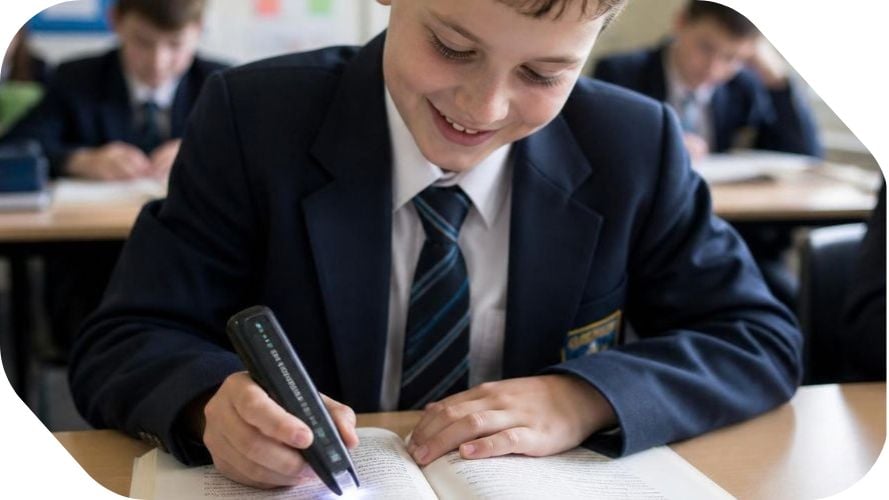 Year 8 students reading using books and ipads. One young person holding an ipad has his hand up, ready to answer the teacher's question. (AI generated)